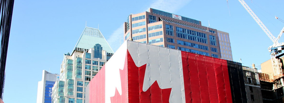 Building wrapped in gigantic canadian flag