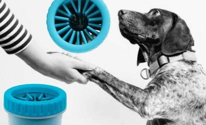 person uses a soft paw washer to clean  dogs paw