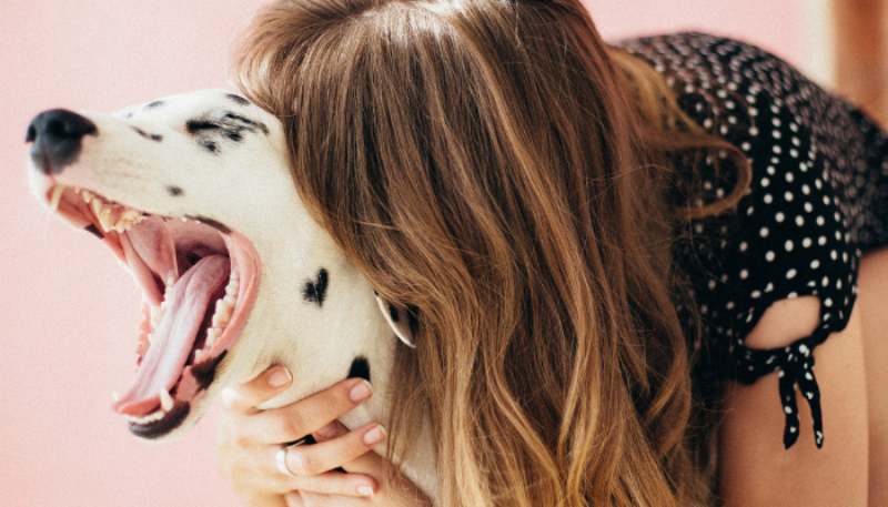 A pet owner hugs her dog