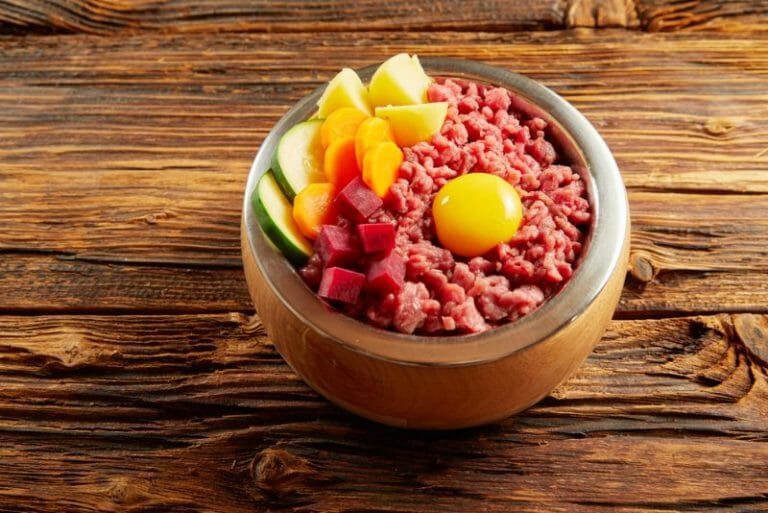 Healthy balanced fresh food in a dog or cat bowl with minced offal, chicken beef , egg yolk and fresh vegetables viewed high angle on a wooden floor