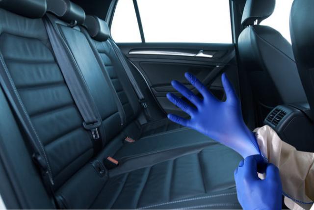 rubber gloves is used to rid of hair dog in a car